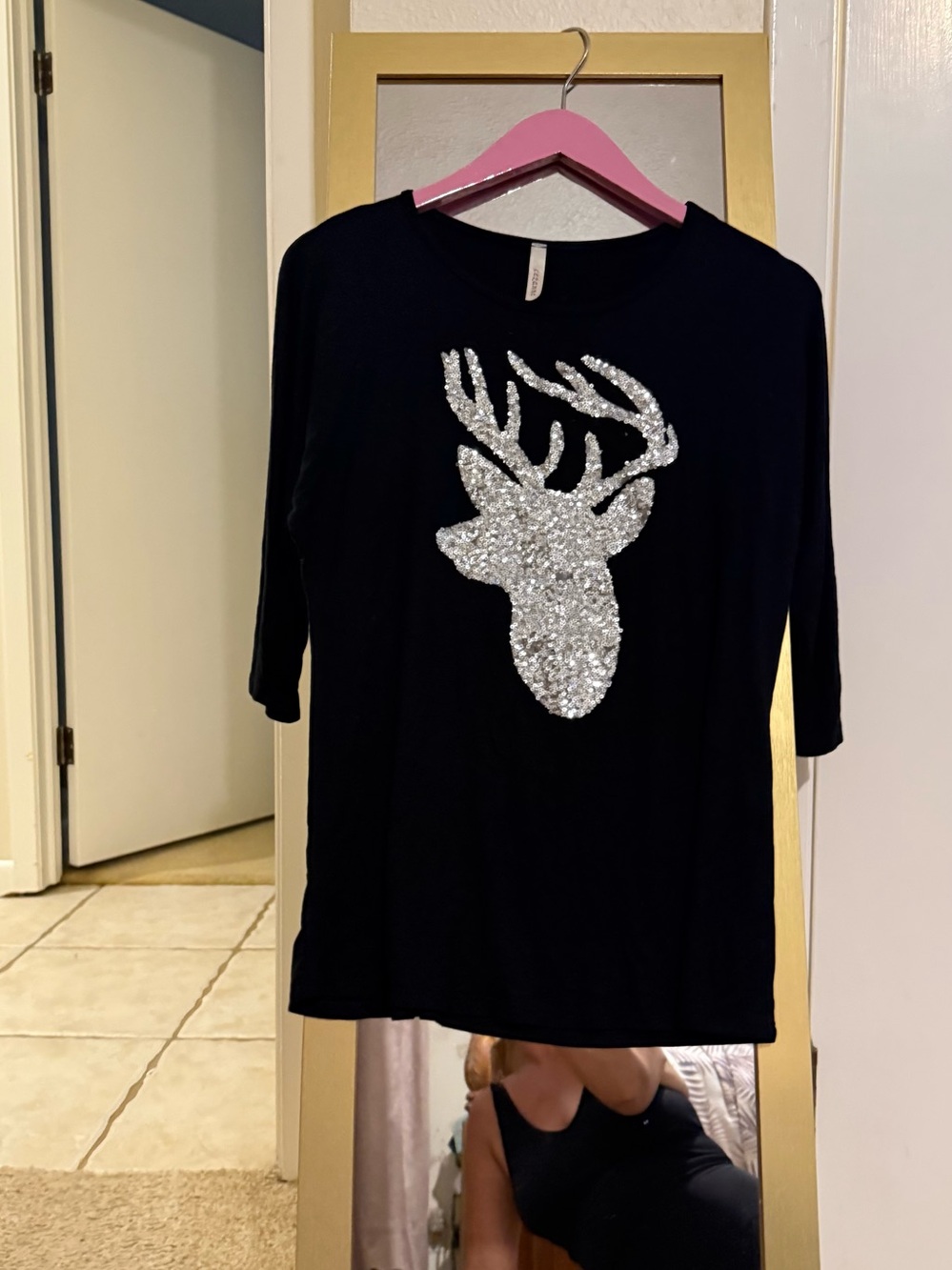 Women’s Black Top with Silver Sequin Deer Motif